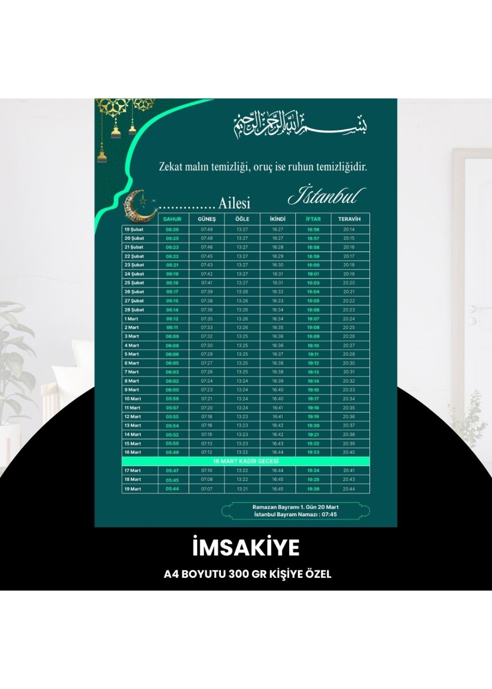 Ramazan İmsakiyesi - 300 gr - A4 Boyut Kişiye Özel İsimli & Logolu 1 Adet Yeşil-Turkuaz