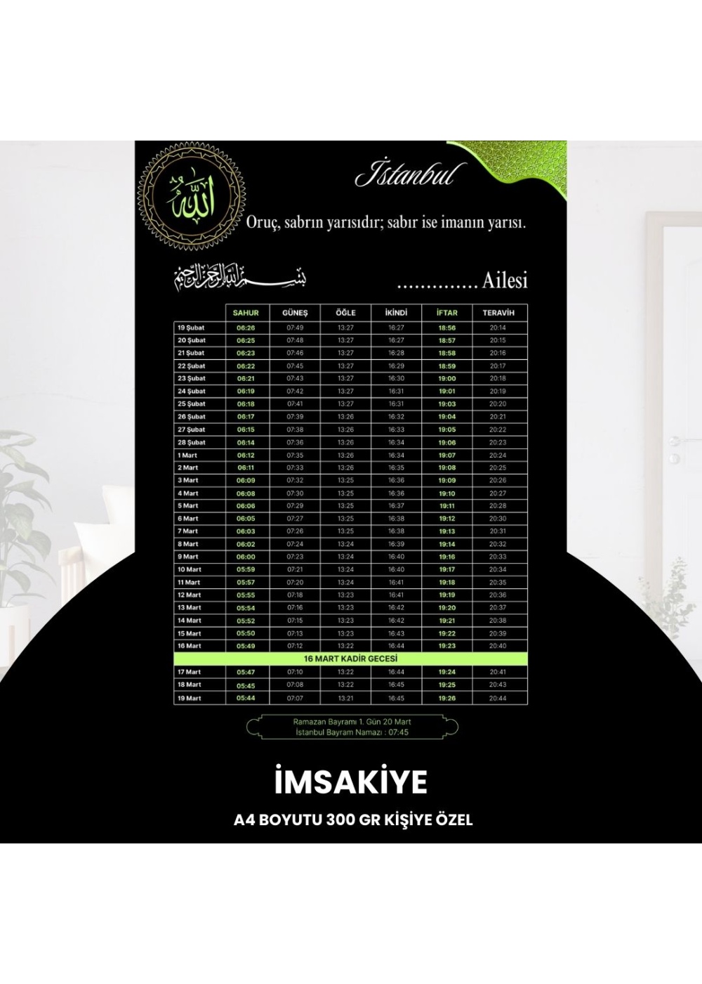 Ramazan İmsakiyesi - 300 gr - A4 Boyut Kişiye Özel İsimli & Logolu 1 Adet Siyah-Yeşil