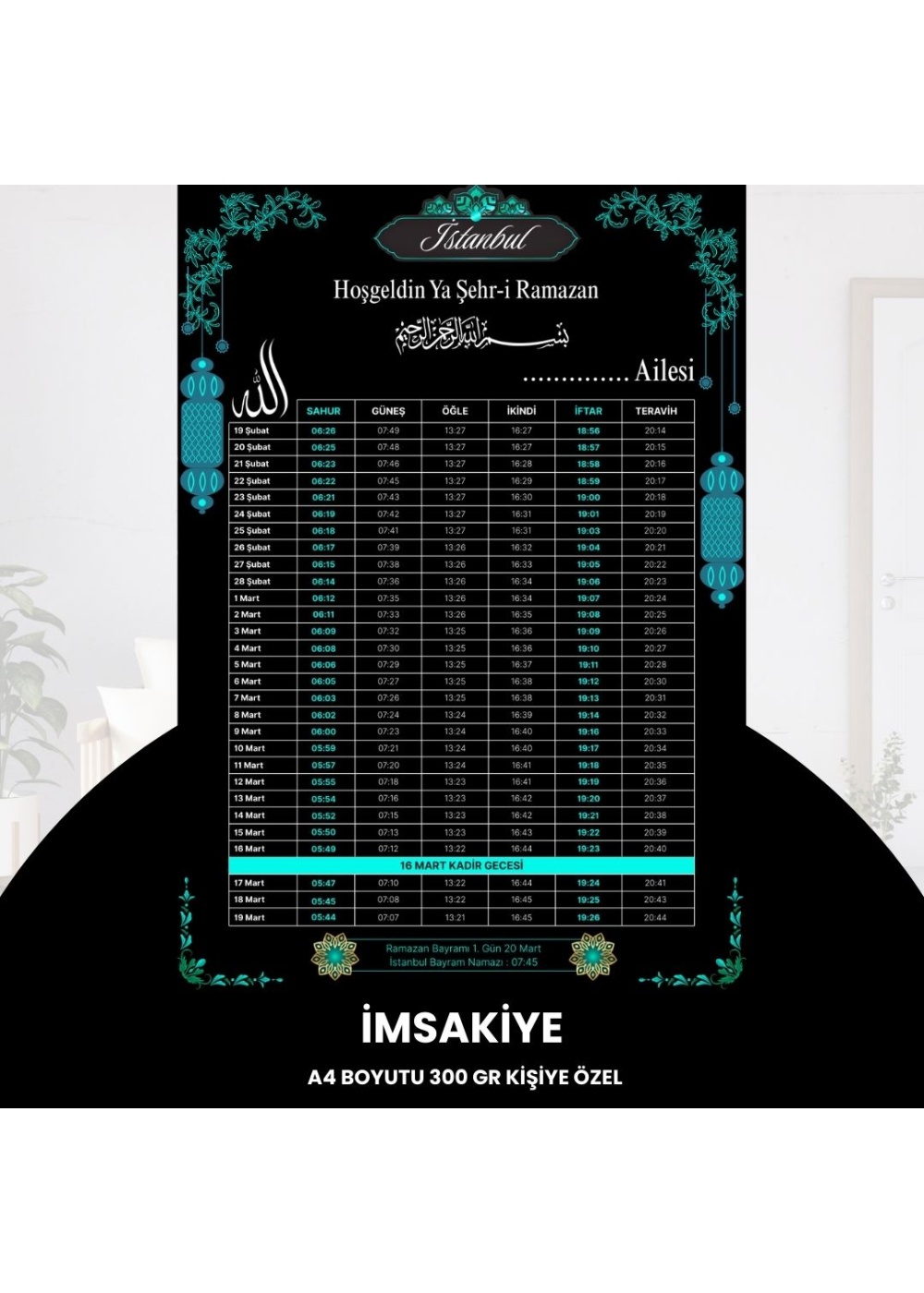 Ramazan İmsakiyesi - 300 gr - A4 Boyut Kişiye Özel İsimli & Logolu 1 Adet Siyah-Mavi