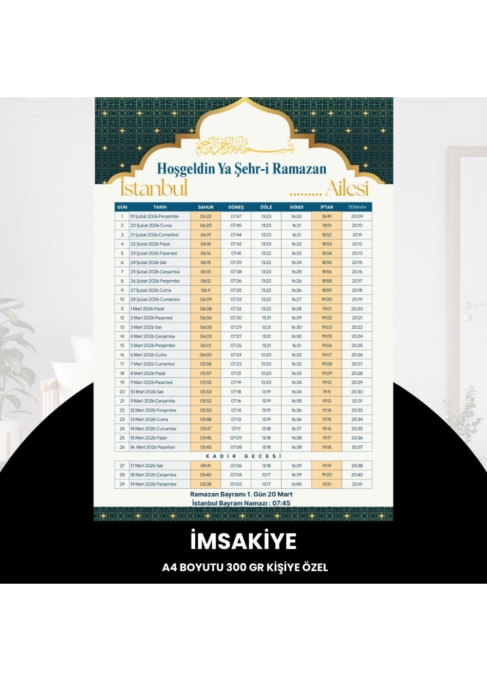 Ramazan İmsakiyesi - 300 gr - A4 Boyut Kişiye Özel İsimli & Logolu 10 Adet Sarı