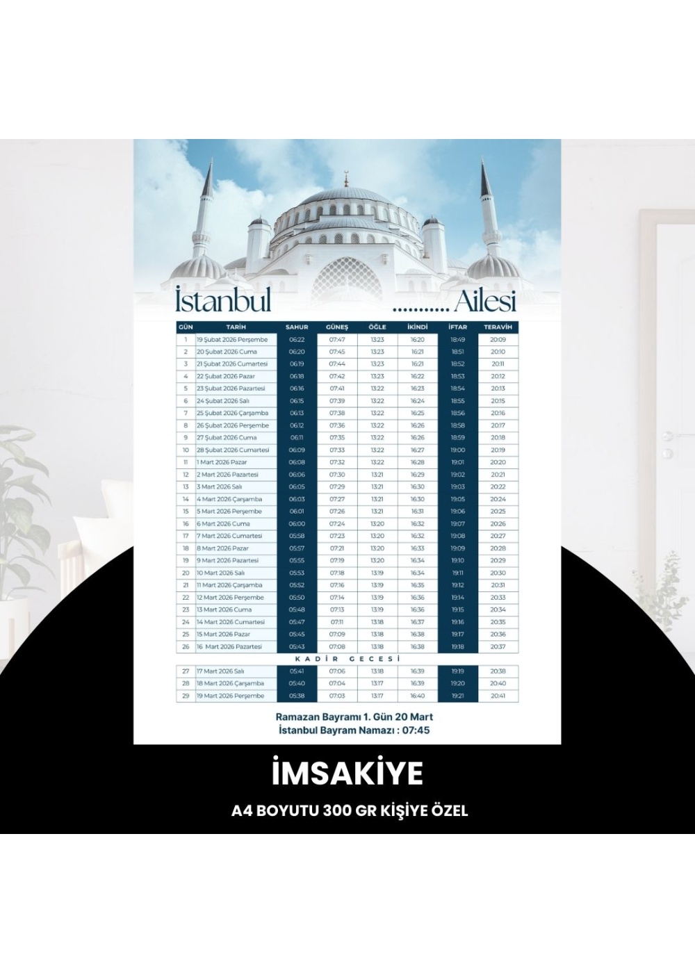 Ramazan İmsakiyesi - 300 gr - A4 Boyut Kişiye Özel İsimli & Logolu 10 Adet Mavi