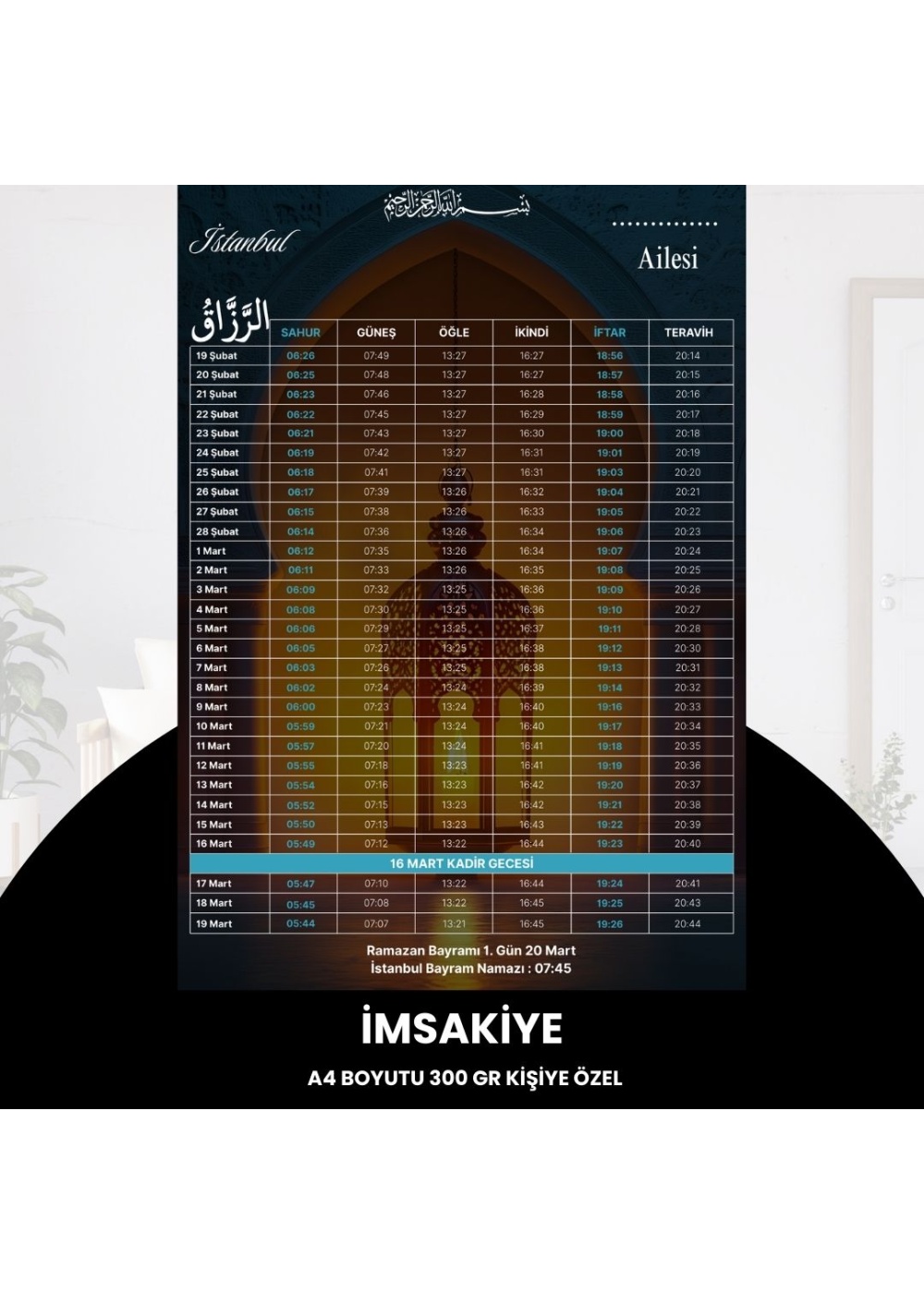 Ramazan İmsakiyesi - 300 gr - A4 Boyut Kişiye Özel İsimli & Logolu 10 Adet Lacivert