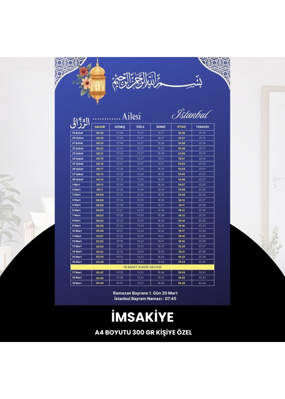 Ramazan İmsakiyesi - 300 gr - A4 Boyut Kişiye Özel İsimli & Logolu 10 Adet Mat Mavi