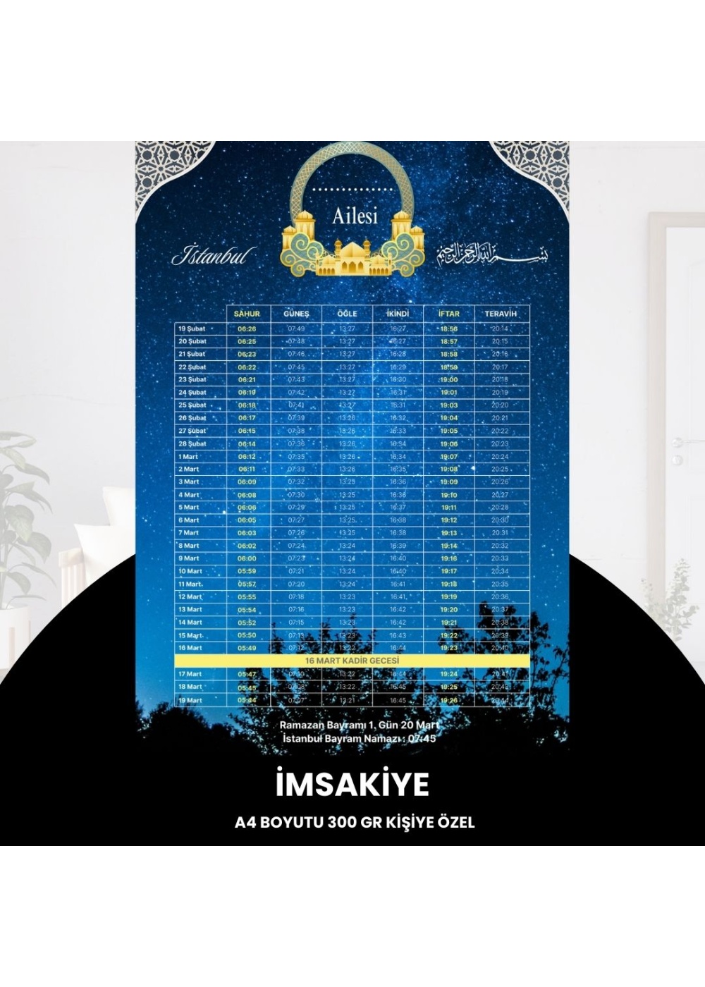 Ramazan İmsakiyesi - 300 gr - A4 Boyut Kişiye Özel İsimli & Logolu 10 Adet Gökyüzü
