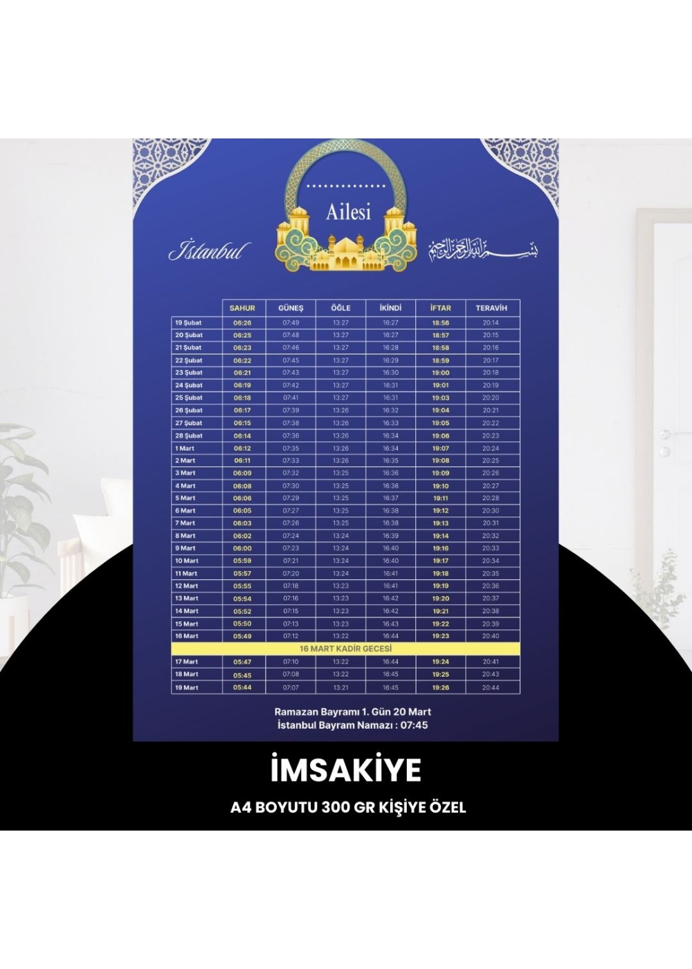 Ramazan İmsakiyesi - 300 gr - A4 Boyut Kişiye Özel İsimli & Logolu 10 Adet Mor