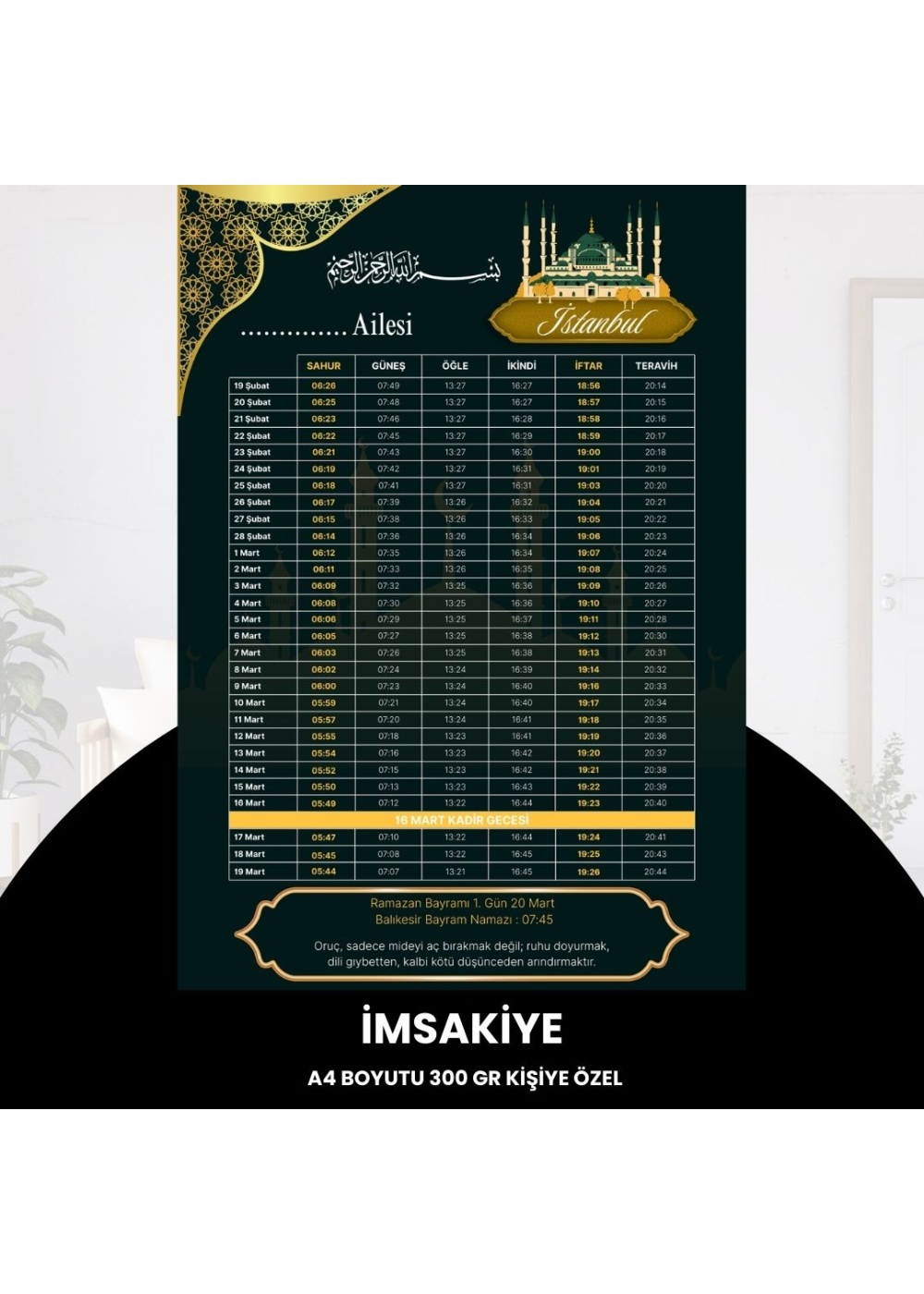 Ramazan İmsakiyesi - 300 gr - A4 Boyut Kişiye Özel İsimli & Logolu 10 Adet Koyu Yeşil