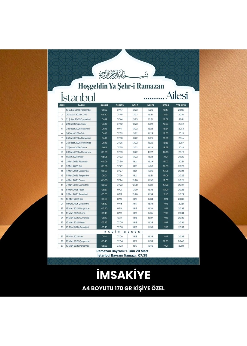 Ramazan İmsakiyesi - 170 gr - A4 Boyut Kişiye Özel İsimli & Logolu 100 Adet Yeşil