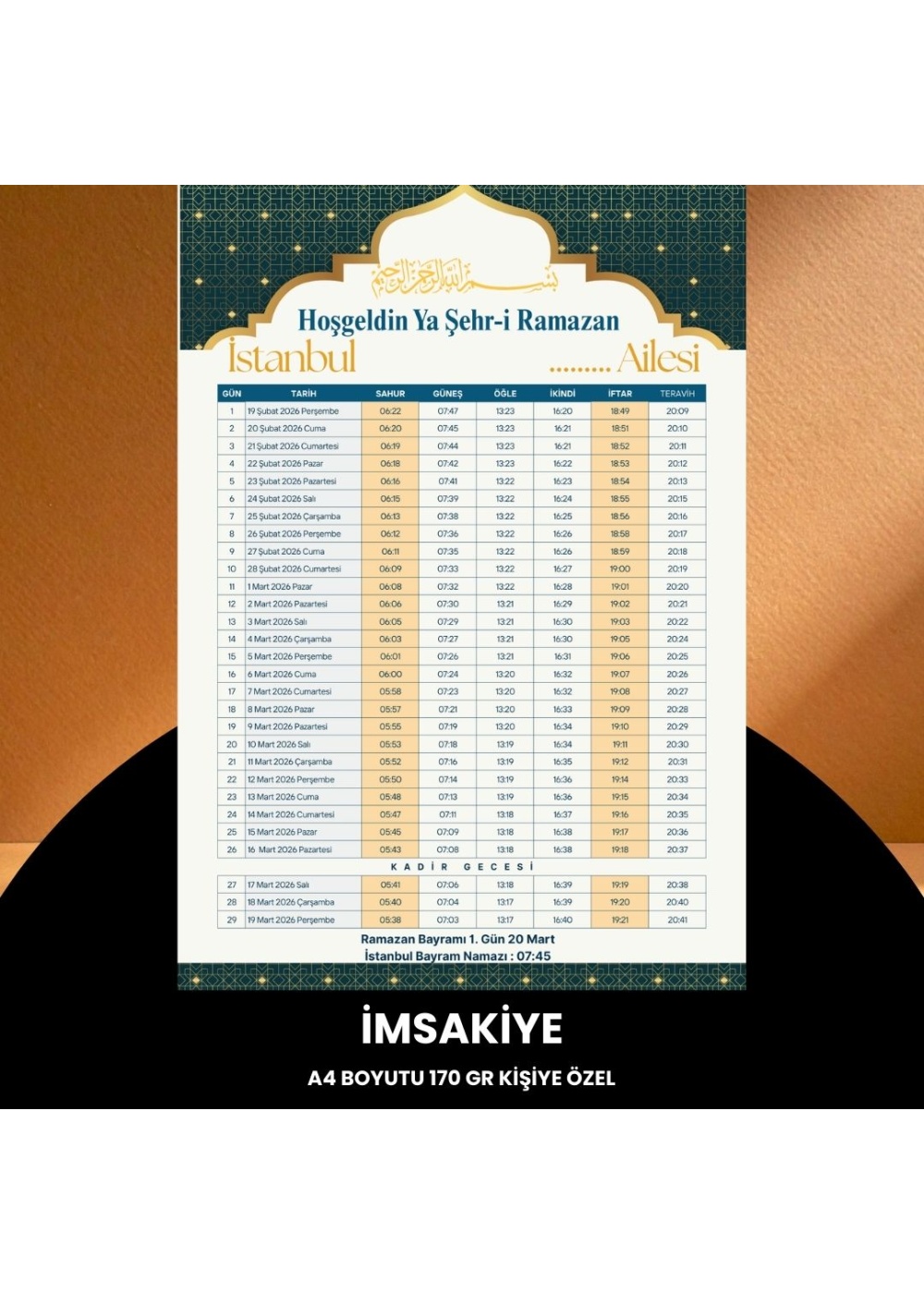 Ramazan İmsakiyesi - 170 gr - A4 Boyut Kişiye Özel İsimli & Logolu 100 Adet Sarı