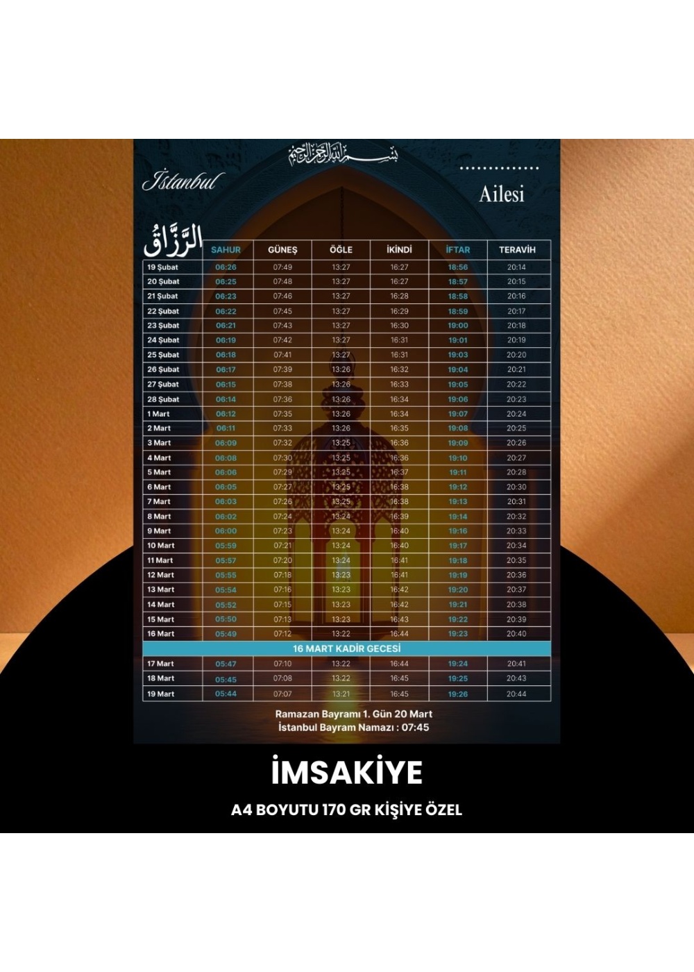 Ramazan İmsakiyesi - 170 gr - A4 Boyut Kişiye Özel İsimli & Logolu 100 Adet Lacivert