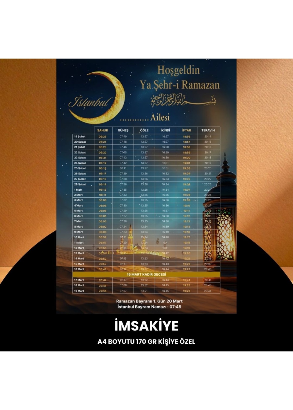 Ramazan İmsakiyesi - 170 gr - A4 Boyut Kişiye Özel İsimli & Logolu 100 Adet Çöl