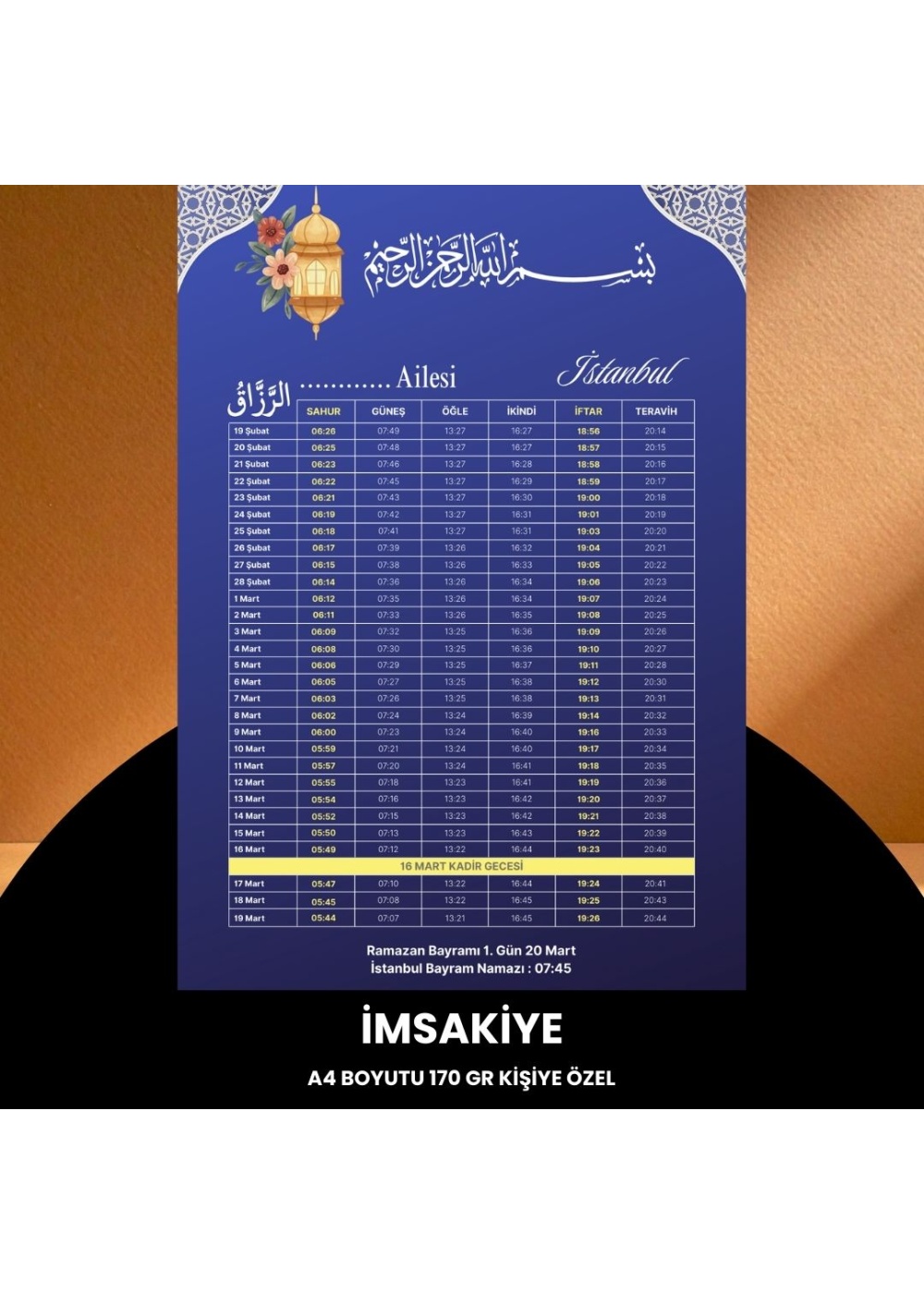 Ramazan İmsakiyesi - 170 gr - A4 Boyut Kişiye Özel İsimli & Logolu 100 Adet Mat Mavi
