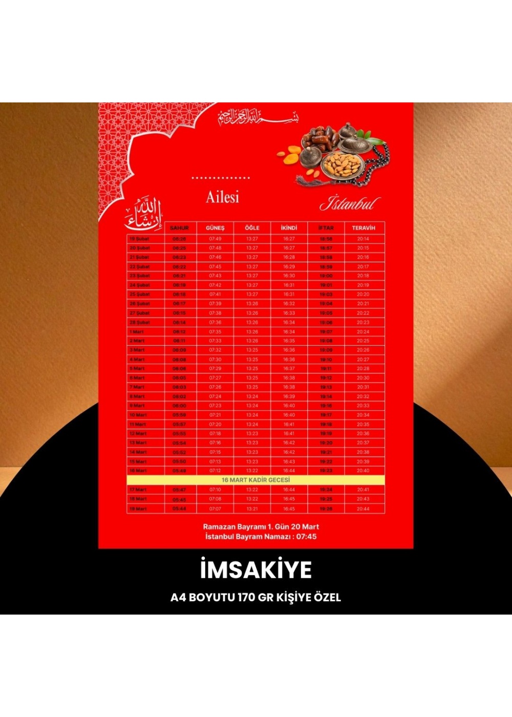 Ramazan İmsakiyesi - 170 gr - A4 Boyut Kişiye Özel İsimli & Logolu 100 Adet Kırmızı
