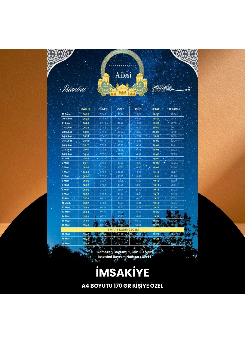 Ramazan İmsakiyesi - 170 gr - A4 Boyut Kişiye Özel İsimli & Logolu 100 Adet Gökyüzü