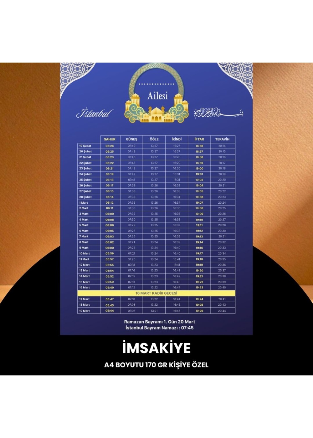 Ramazan İmsakiyesi - 170 gr - A4 Boyut Kişiye Özel İsimli & Logolu 100 Adet Mor