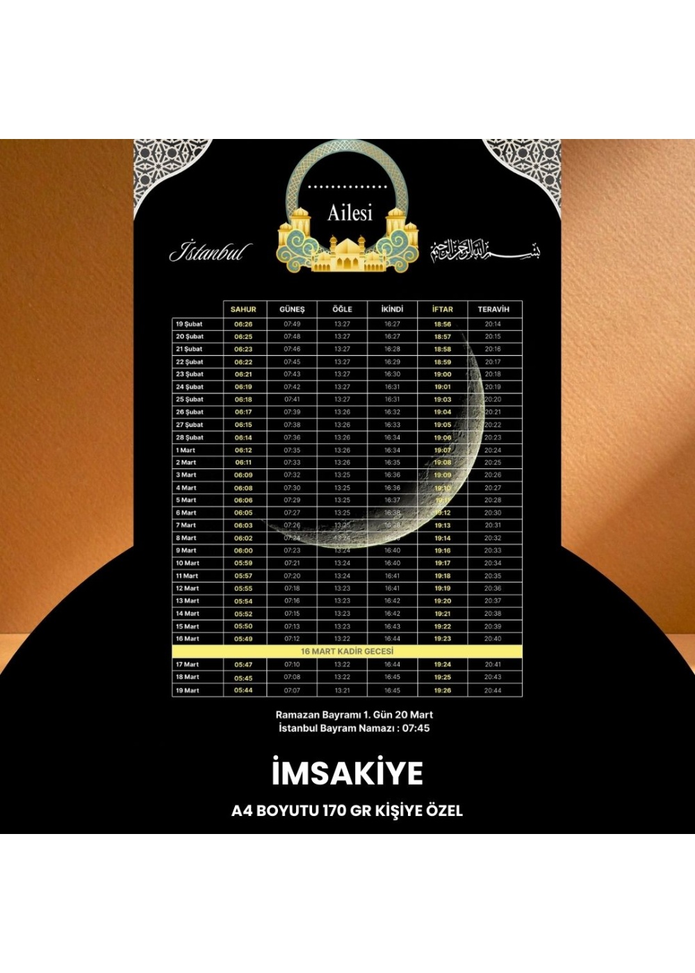 Ramazan İmsakiyesi - 170 gr - A4 Boyut Kişiye Özel İsimli & Logolu 100 Adet Siyah-Sarı