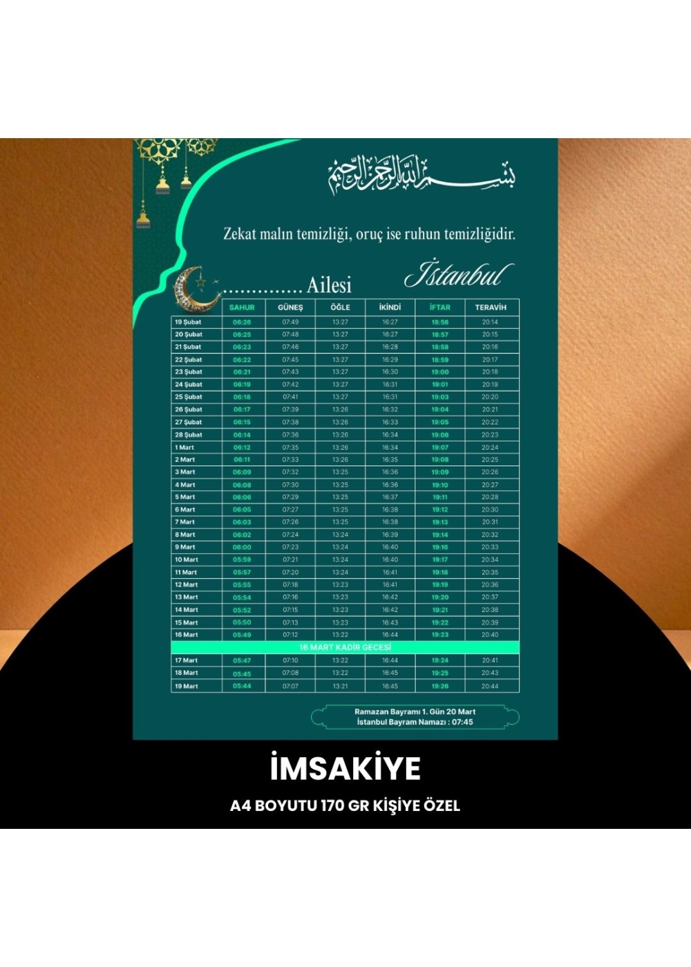Ramazan İmsakiyesi - 170 gr - A4 Boyut Kişiye Özel İsimli & Logolu 100 Adet Yeşil-Turkuaz