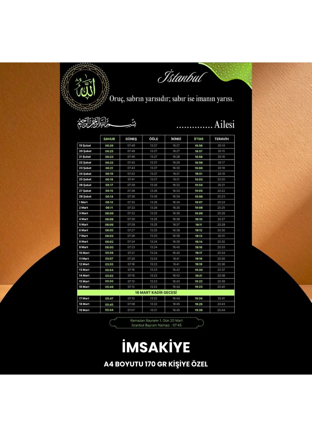 Ramazan İmsakiyesi - 170 gr - A4 Boyut Kişiye Özel İsimli & Logolu 100 Adet Siyah-Yeşil