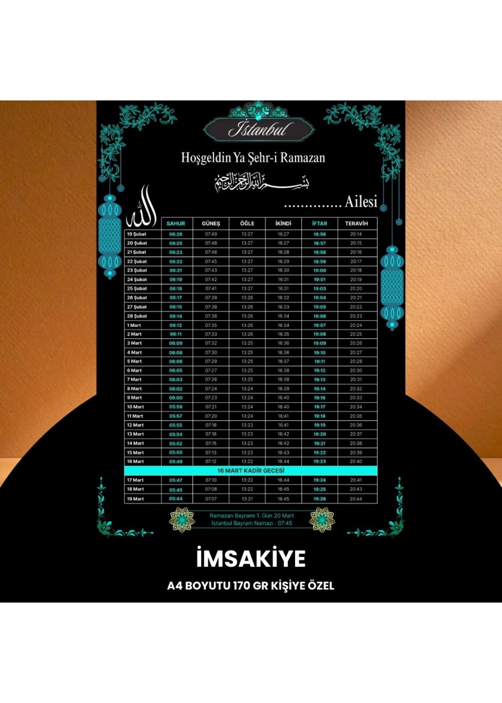 Ramazan İmsakiyesi - 170 gr - A4 Boyut Kişiye Özel İsimli & Logolu 100 Adet Siyah-Mavi