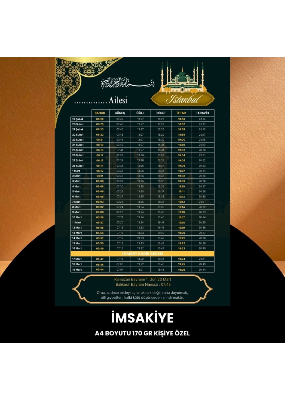 Ramazan İmsakiyesi - 170 gr - A4 Boyut Kişiye Özel İsimli & Logolu 100 Adet Koyu Yeşil
