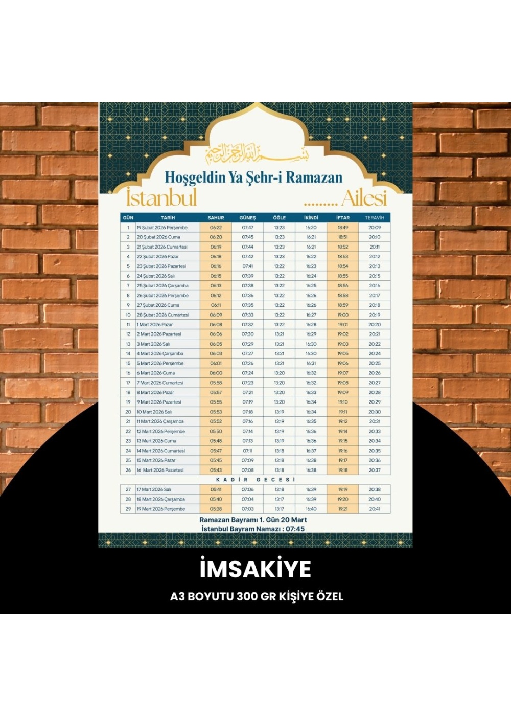 Ramazan İmsakiyesi - 300 gr - A3 Boyut Kişiye Özel İsimli & Logolu 1 Adet Sarı