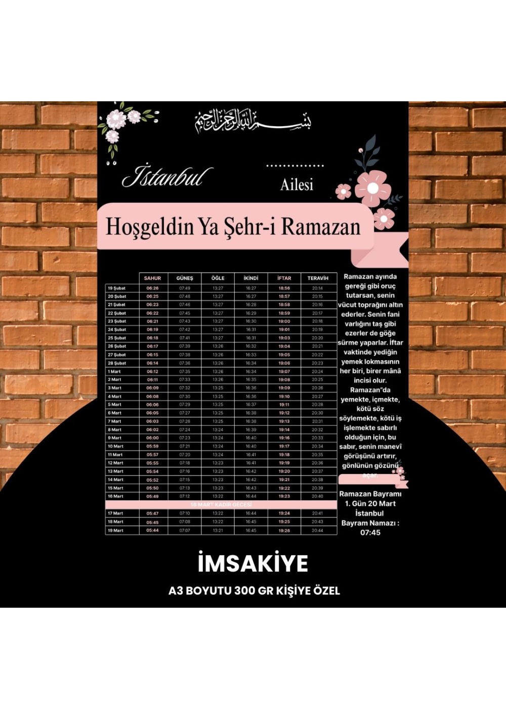 Ramazan İmsakiyesi - 300 gr - A3 Boyut Kişiye Özel İsimli & Logolu 1 Adet Pembe