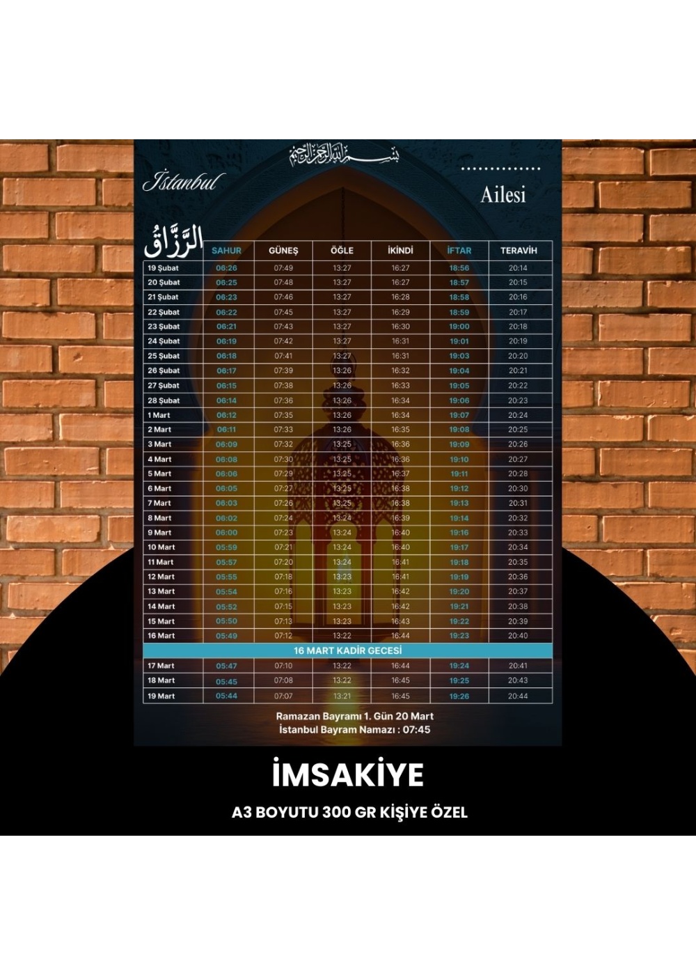 Ramazan İmsakiyesi - 300 gr - A3 Boyut Kişiye Özel İsimli & Logolu 1 Adet Lacivert