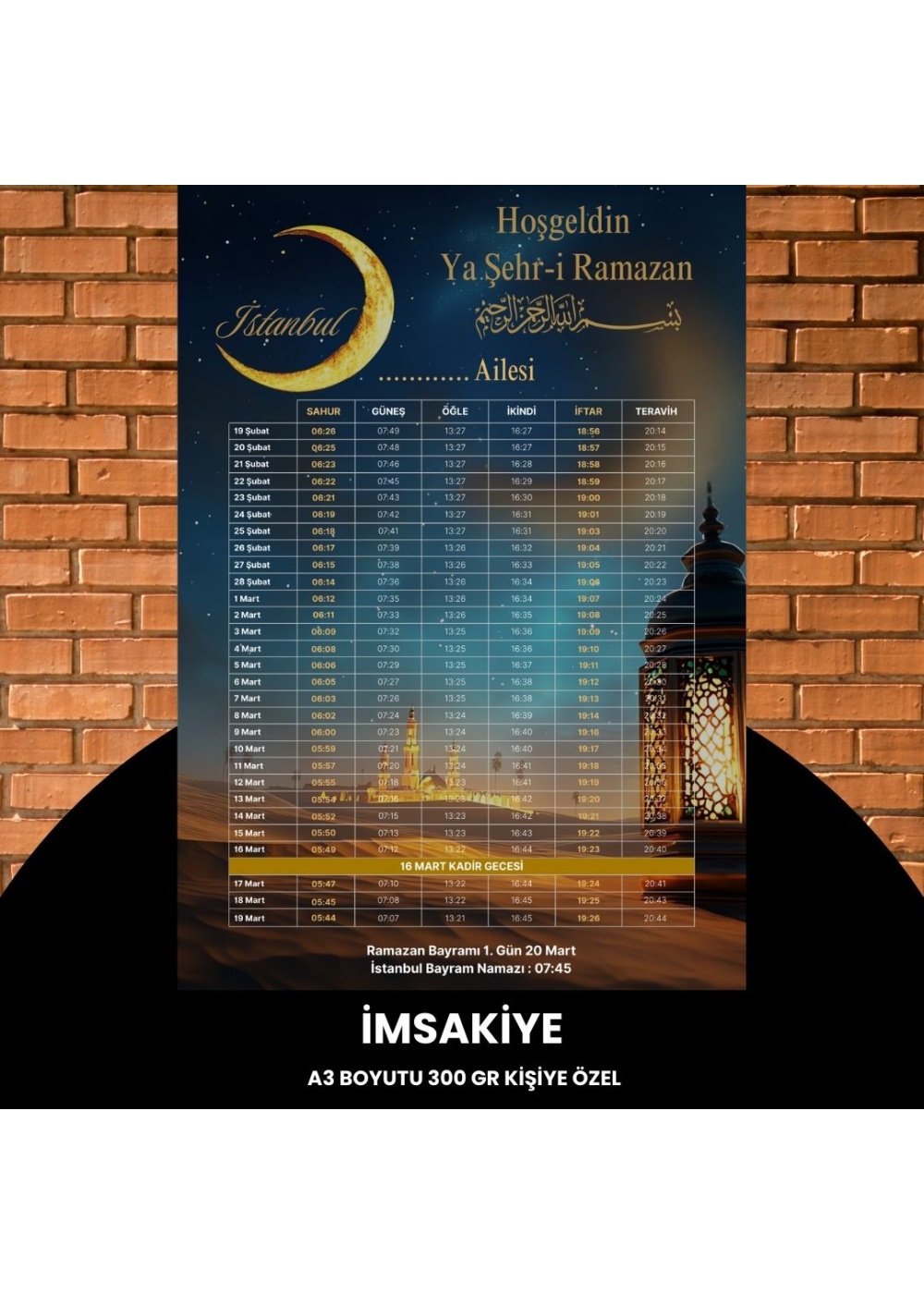 Ramazan İmsakiyesi - 300 gr - A3 Boyut Kişiye Özel İsimli & Logolu 1 Adet Çöl