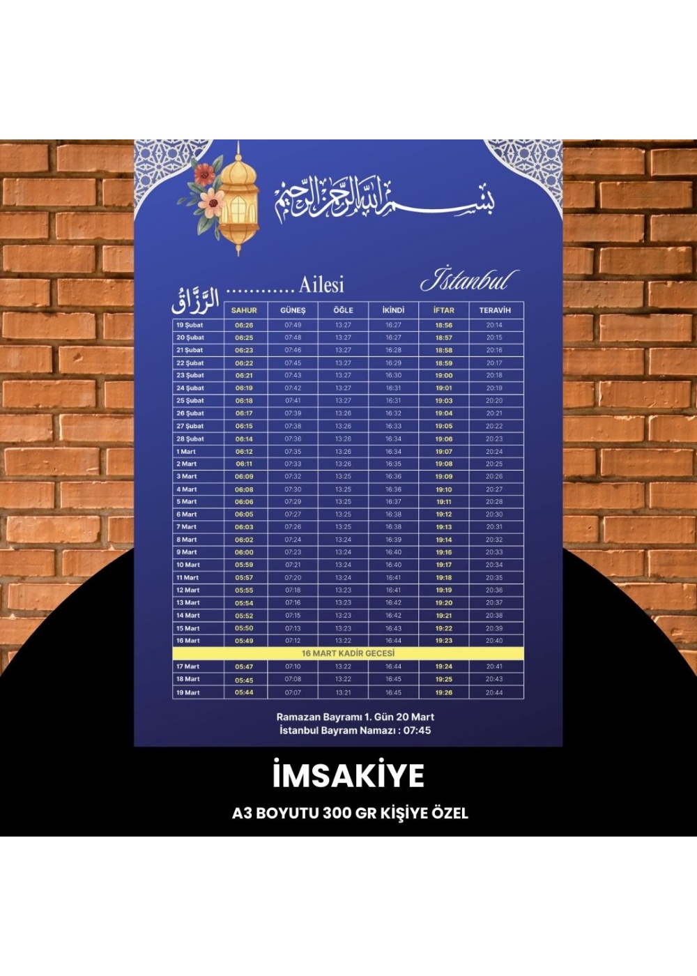 Ramazan İmsakiyesi - 300 gr - A3 Boyut Kişiye Özel İsimli & Logolu 1 Adet Mat Mavi