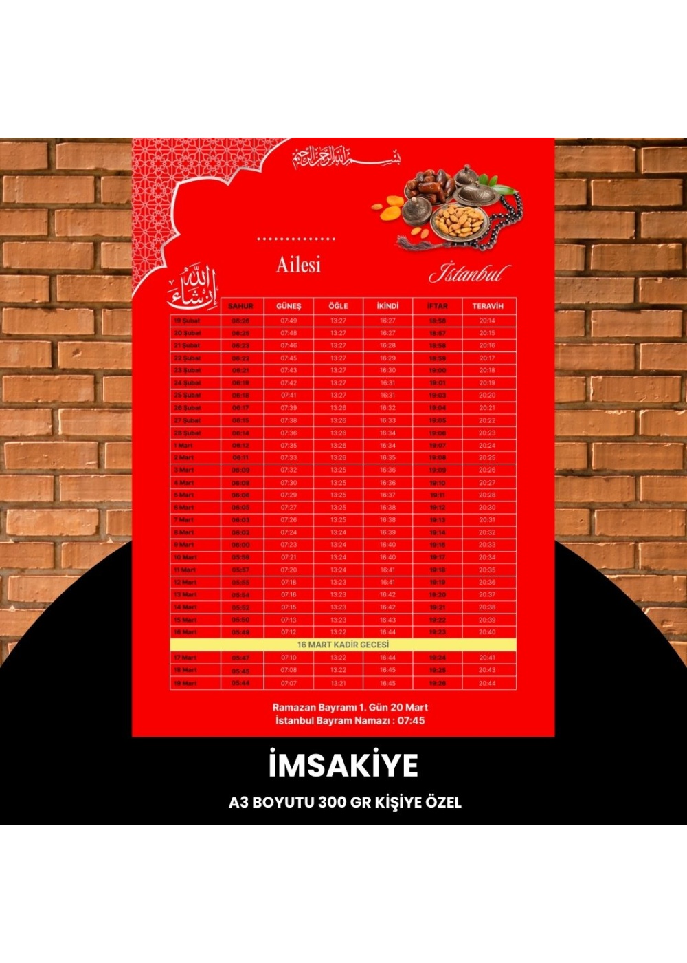 Ramazan İmsakiyesi - 300 gr - A3 Boyut Kişiye Özel İsimli & Logolu 1 Adet Kırmızı