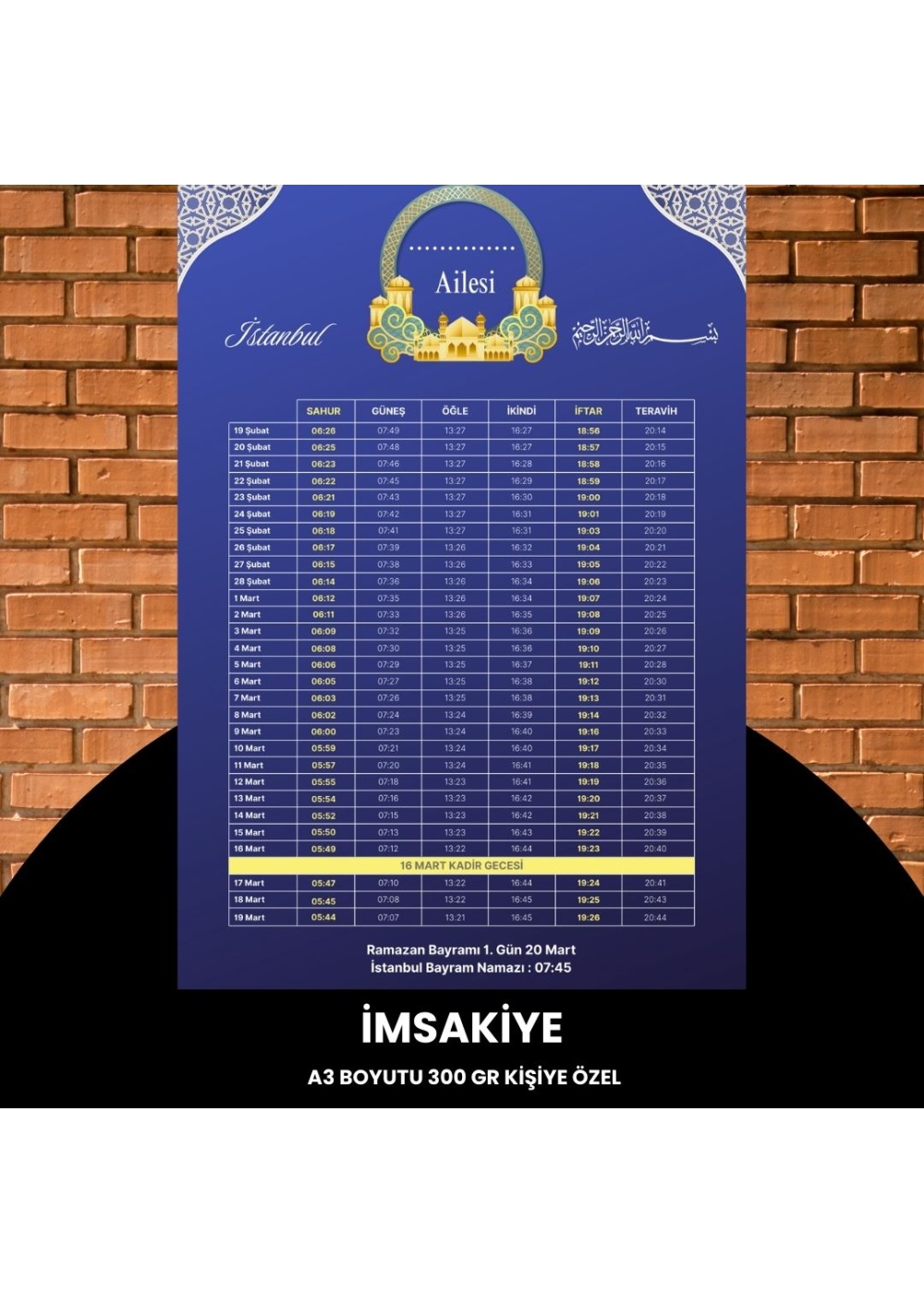 Ramazan İmsakiyesi - 300 gr - A3 Boyut Kişiye Özel İsimli & Logolu 1 Adet Mor