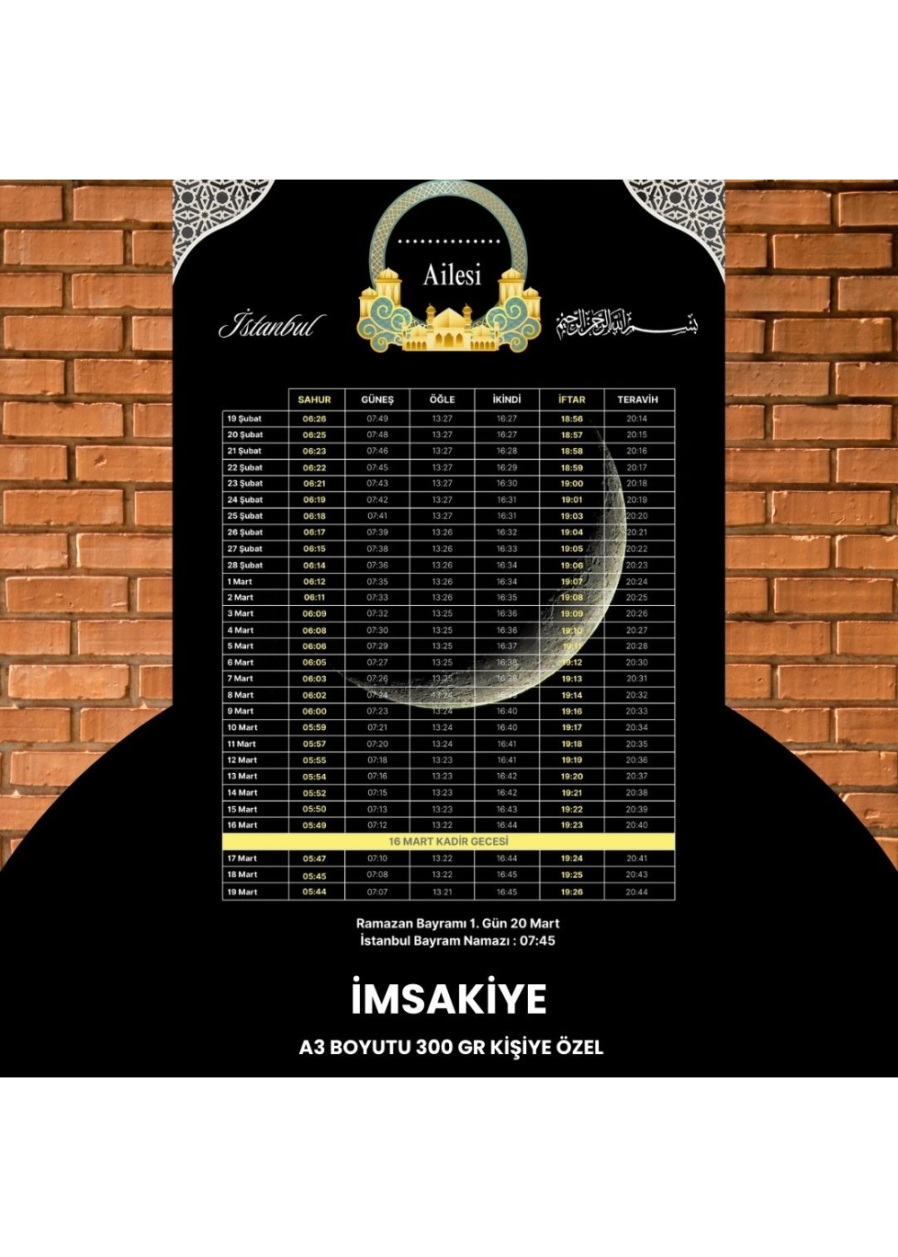 Ramazan İmsakiyesi - 300 gr - A3 Boyut Kişiye Özel İsimli & Logolu 1 Adet Siyah-Sarı