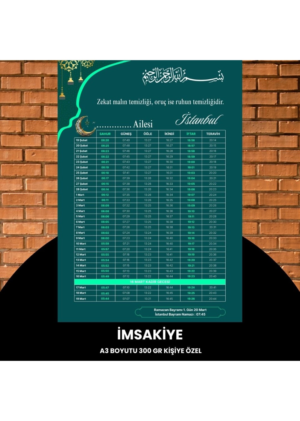 Ramazan İmsakiyesi - 300 gr - A3 Boyut Kişiye Özel İsimli & Logolu 1 Adet Yeşil-Turkuaz
