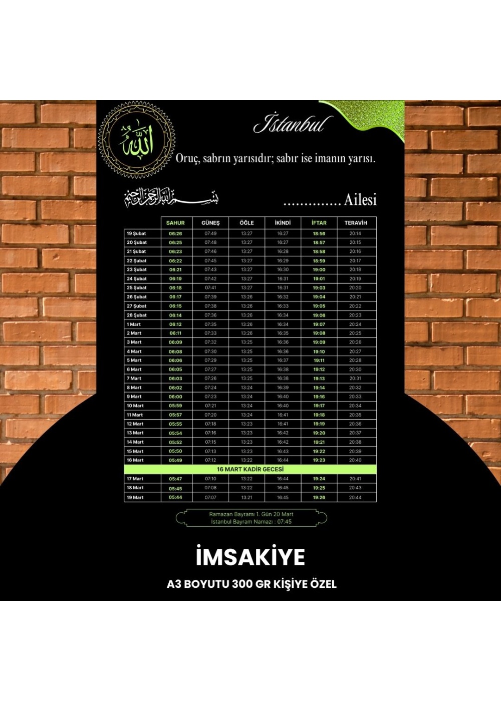 Ramazan İmsakiyesi - 300 gr - A3 Boyut Kişiye Özel İsimli & Logolu 1 Adet Siyah-Yeşil