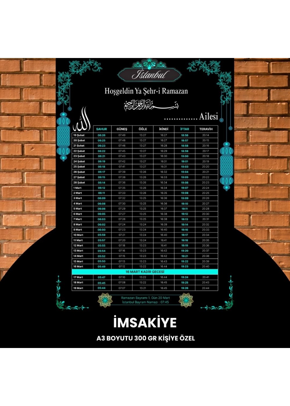 Ramazan İmsakiyesi - 300 gr - A3 Boyut Kişiye Özel İsimli & Logolu 1 Adet Siyah-Mavi