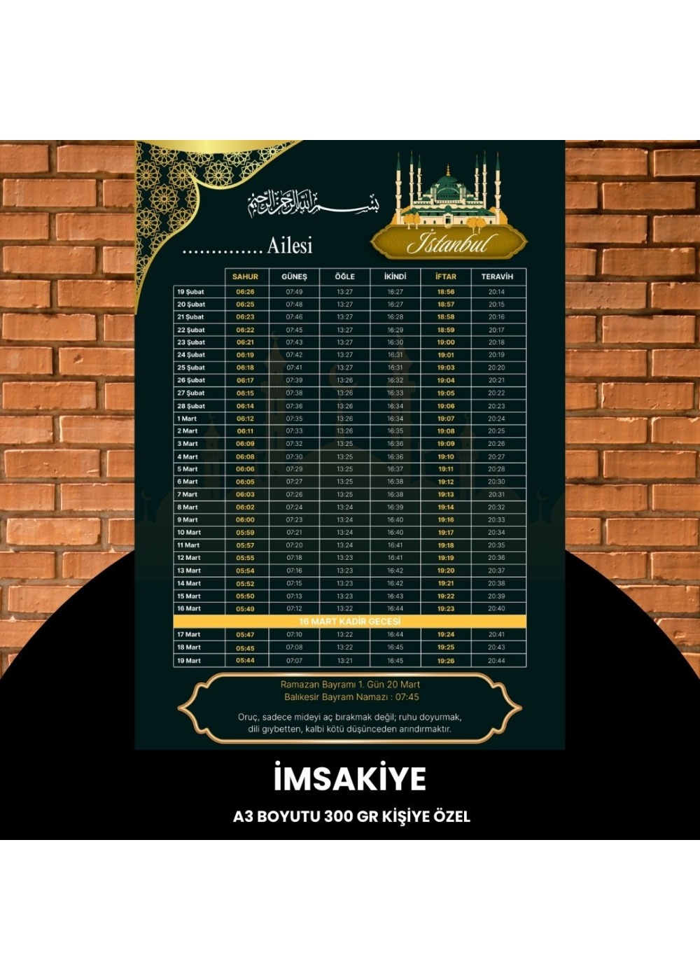Ramazan İmsakiyesi - 300 gr - A3 Boyut Kişiye Özel İsimli & Logolu 1 Adet Koyu Yeşil