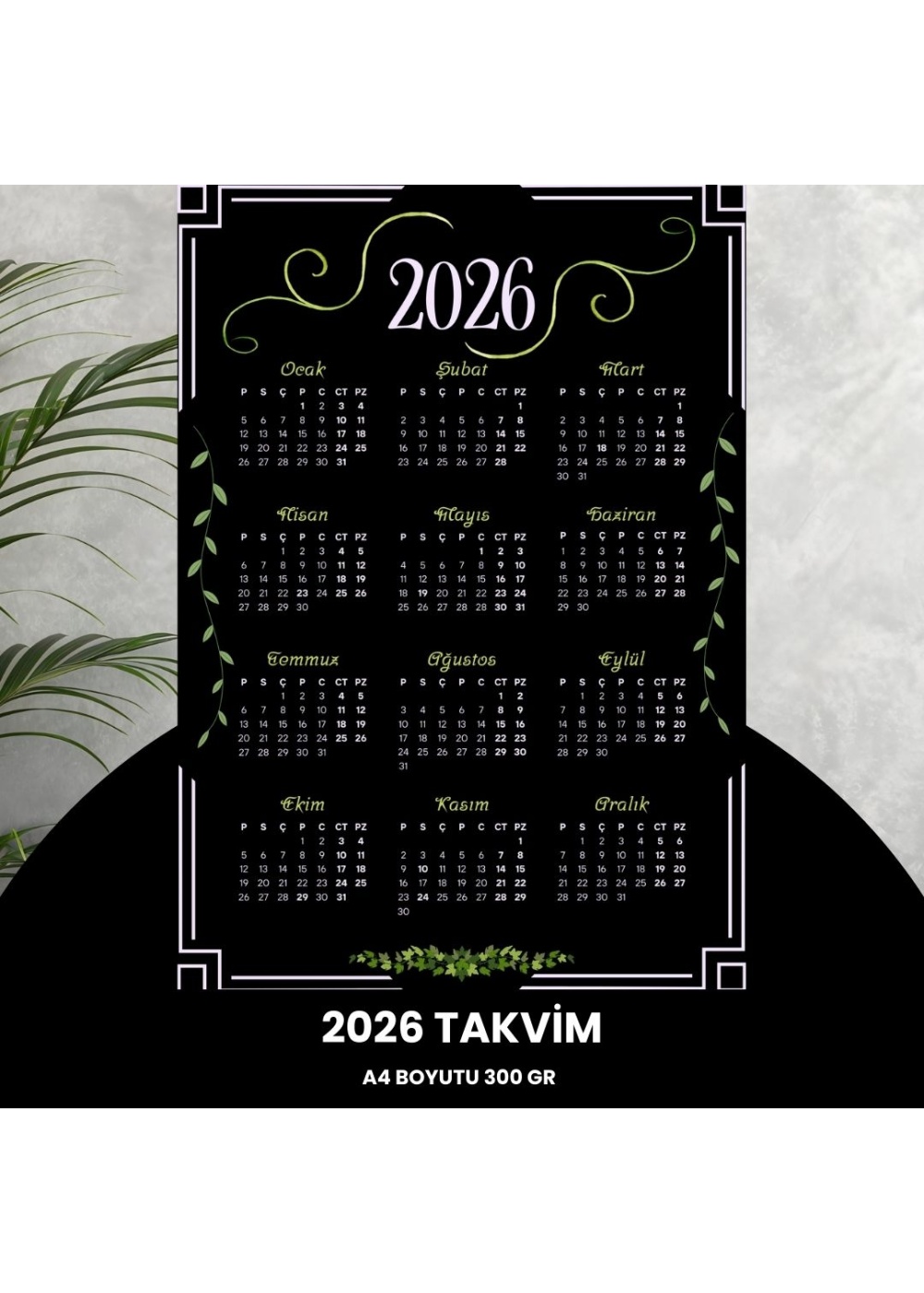 Takvim 2026 Premium A4 300 gr Dijital Baskı Siyah Yeşil