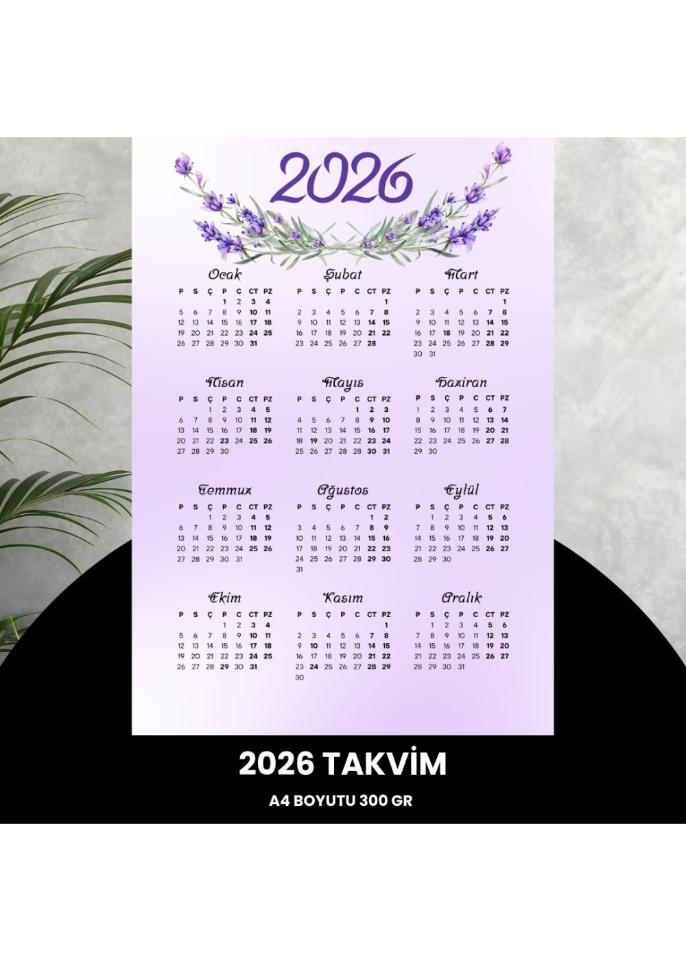 Takvim 2026 Premium A4 300 gr Dijital Baskı Lavanta