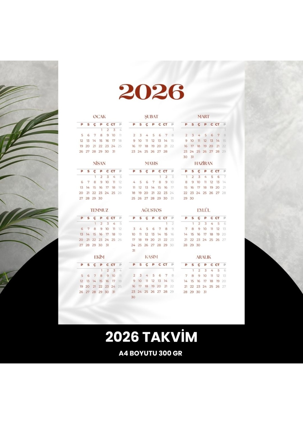 Takvim 2026 Premium A4 300 gr Dijital Baskı Beyaz Bordo