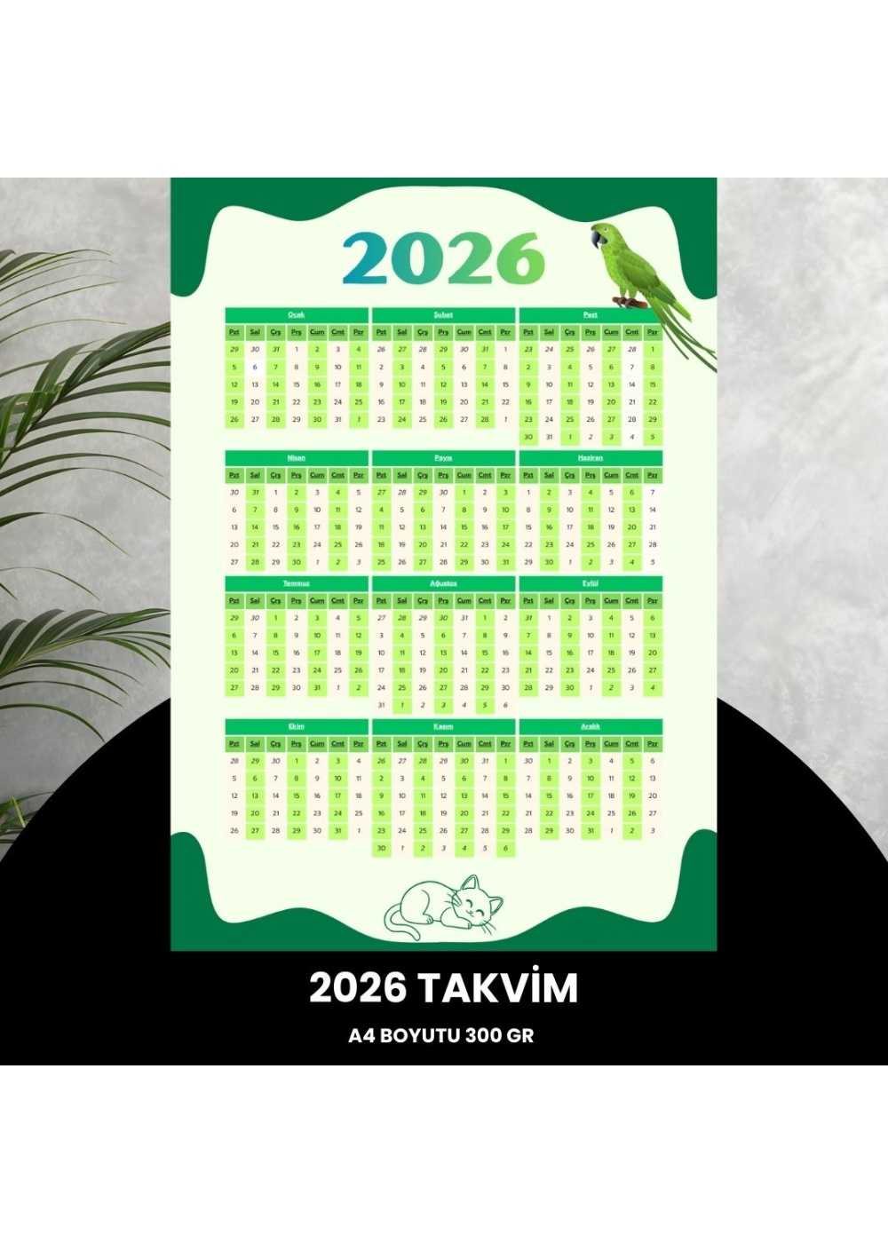 Takvim 2026 Premium A4 300 gr Dijital Baskı Yeşil-Beyaz
