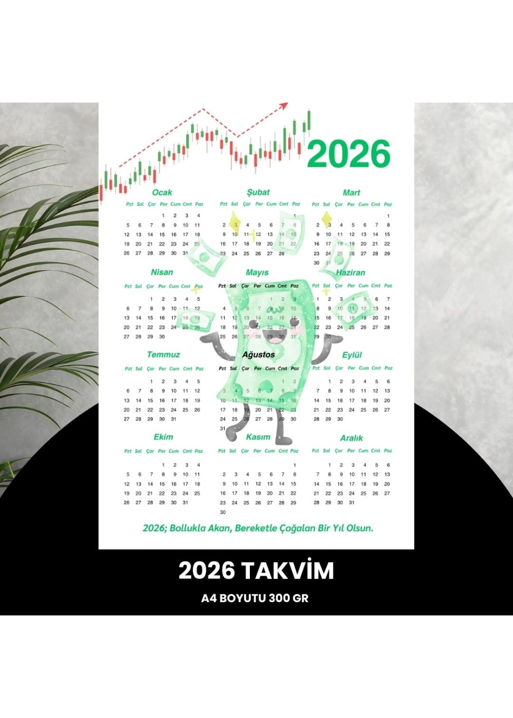 Takvim 2026 Premium A4 300 gr Dijital Baskı Yeşil Para