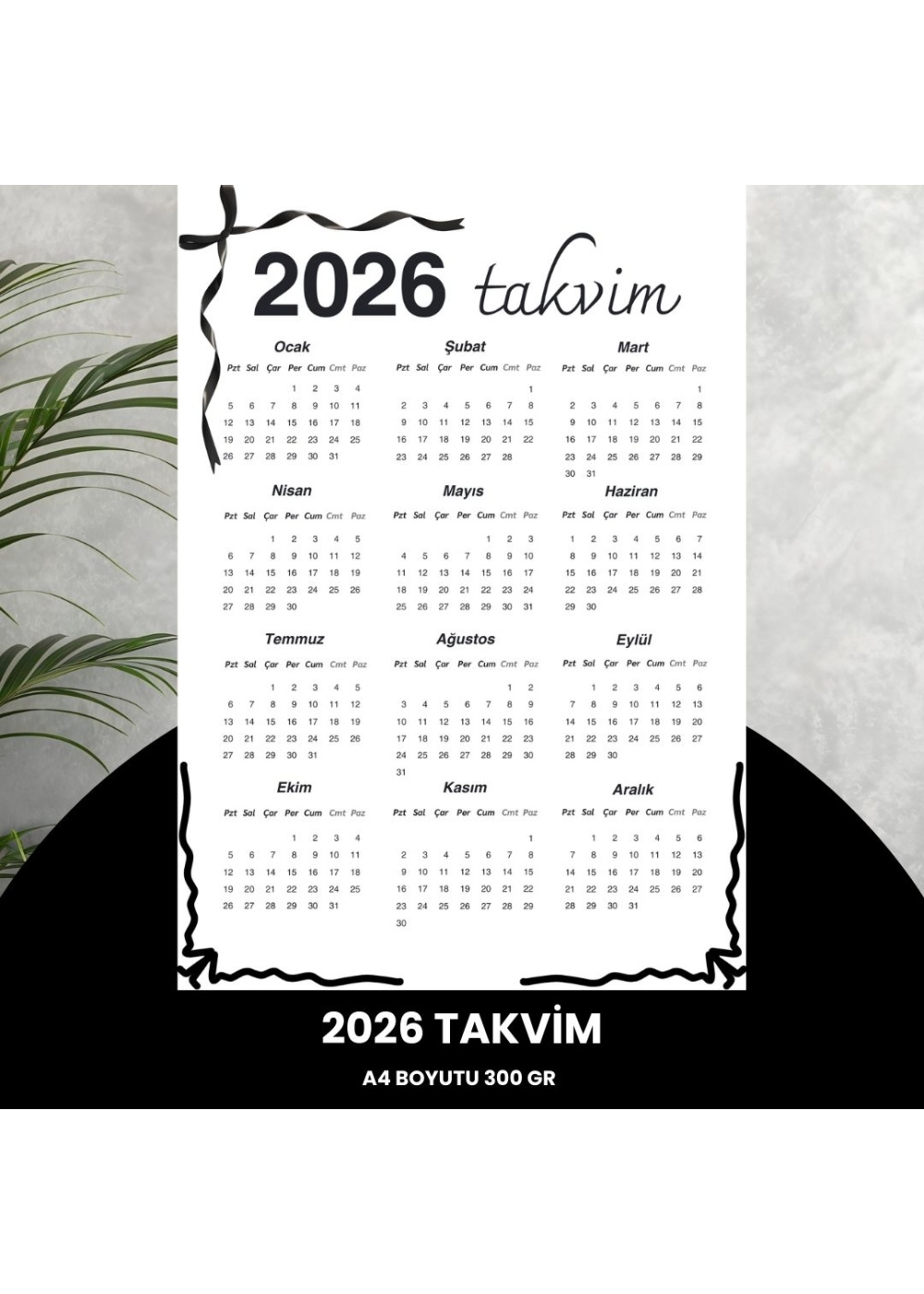 Takvim 2026 Premium A4 300 gr Dijital Baskı Siyah Kurdele