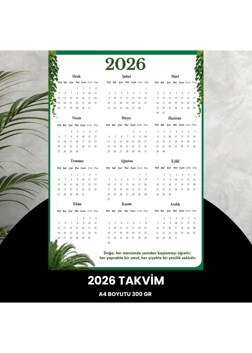 Takvim 2026 Premium A4 300 gr Dijital Baskı Yeşil Yaprak