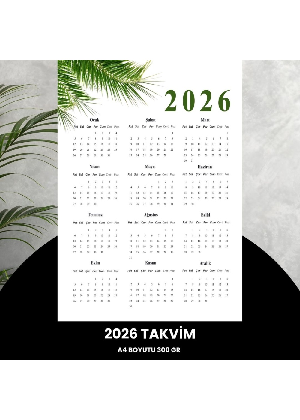 Takvim 2026 Premium A4 300 gr Dijital Baskı Yeşil Dal