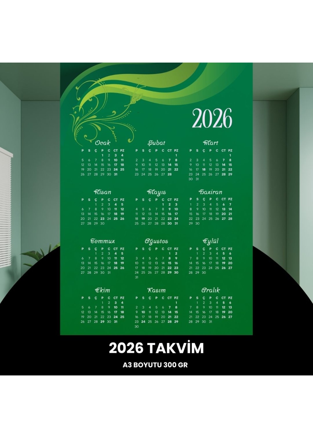 Takvim 2026 Premium A3 300 gr Dijital Baskı Yeşil