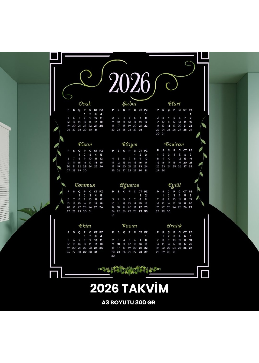 Takvim 2026 Premium A3 300 gr Dijital Baskı Siyah Yeşil