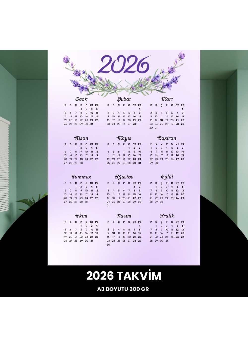 Takvim 2026 Premium A3 300 gr Dijital Baskı Lavanta