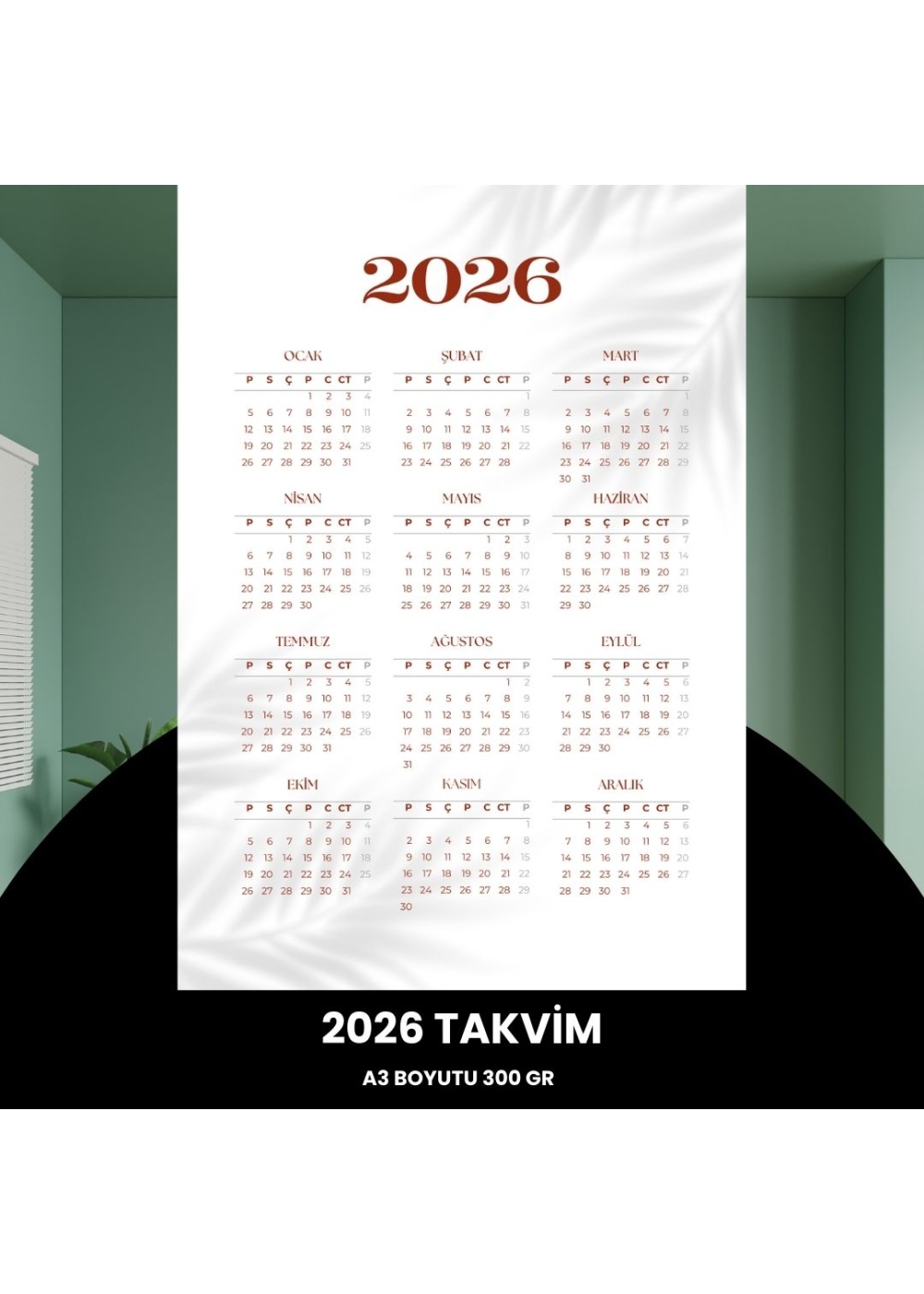 Takvim 2026 Premium A3 300 gr Dijital Baskı Beyaz Bordo