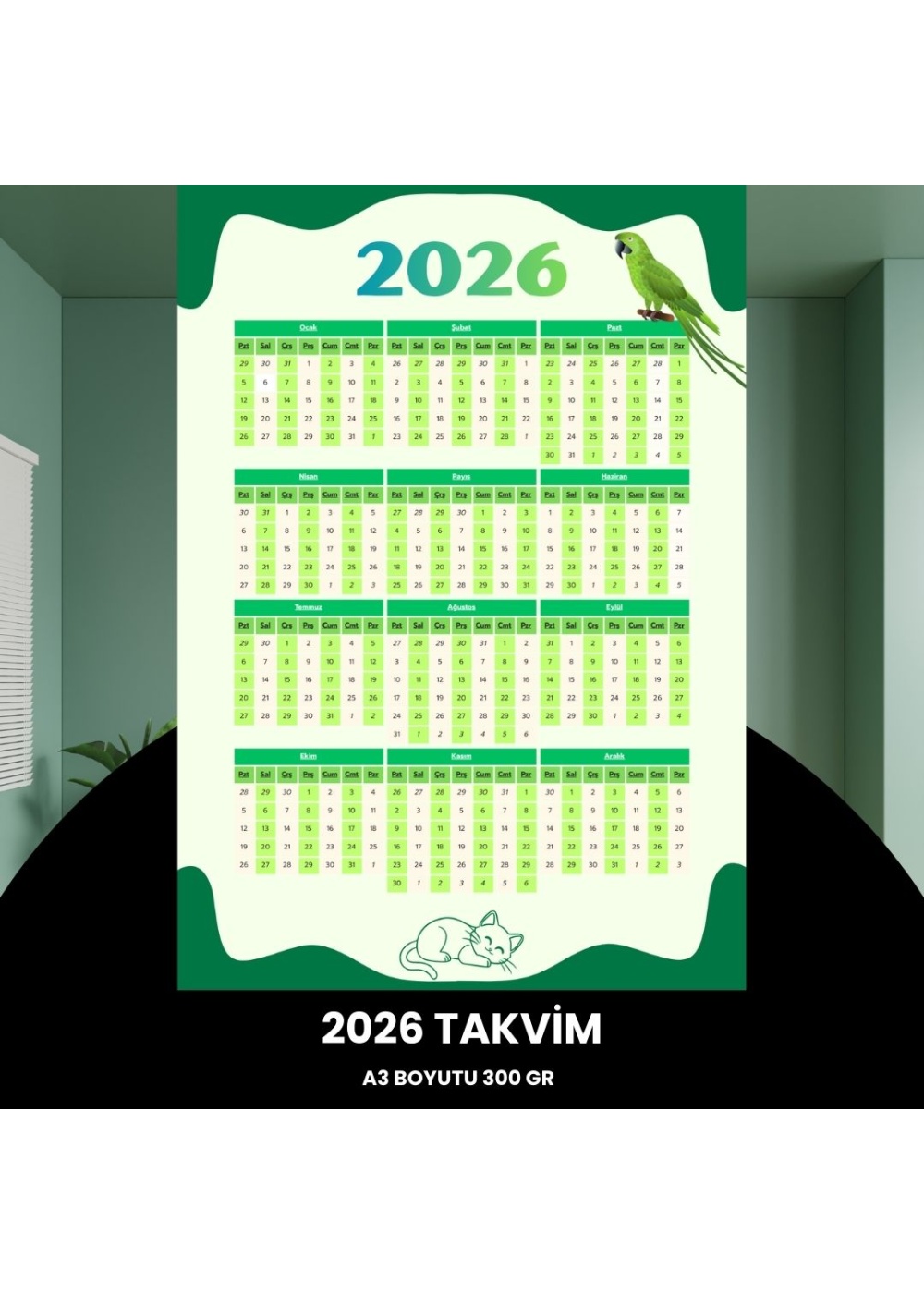 Takvim 2026 Premium A3 300 gr Dijital Baskı Yeşil-Beyaz