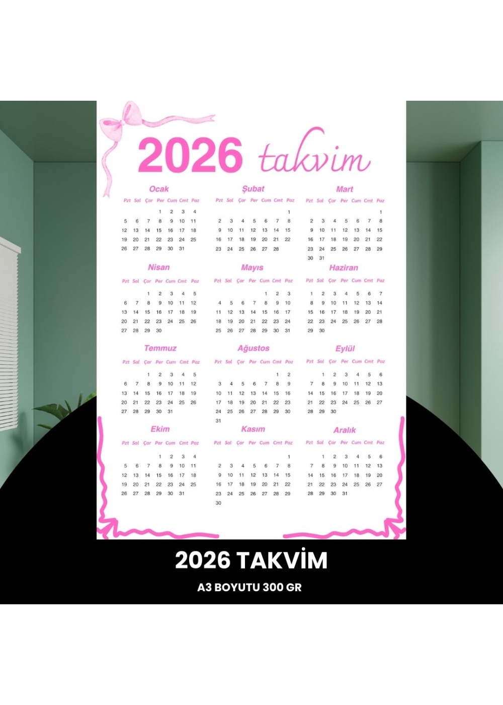 Takvim 2026 Premium A3 300 gr Dijital Baskı Pembe