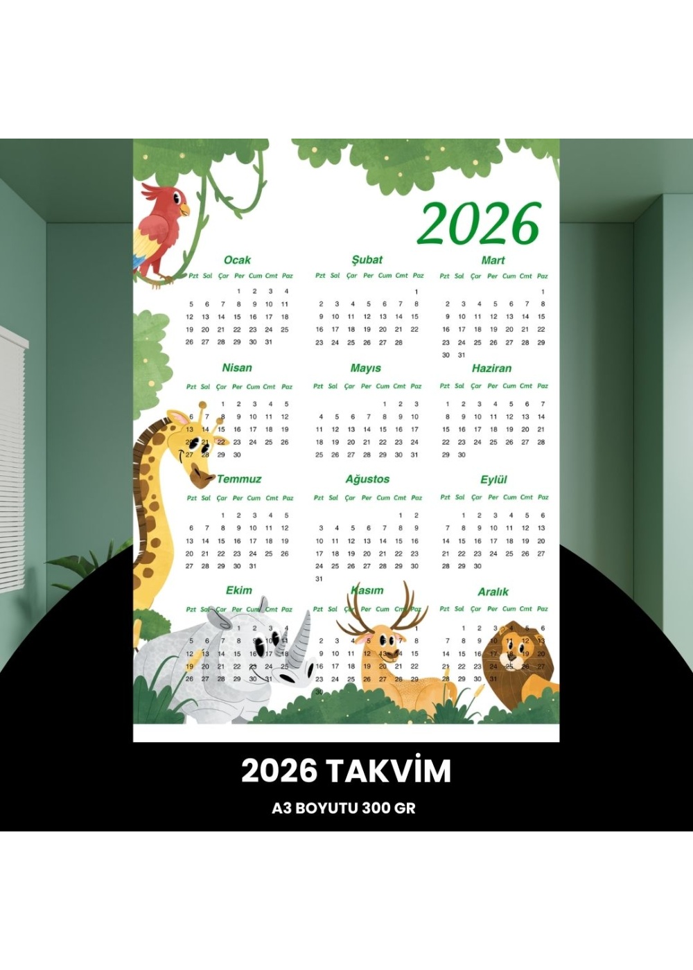 Takvim 2026 Premium A3 300 gr Dijital Baskı Animal